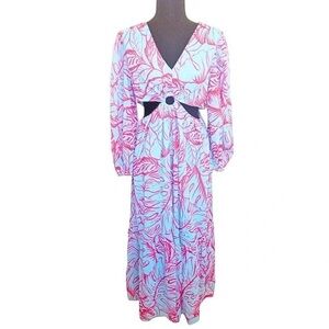 JESSICA SIMPSON BLUE & PINK TROPICAL FLORAL CUTOUT WAIST MAXI DRESS